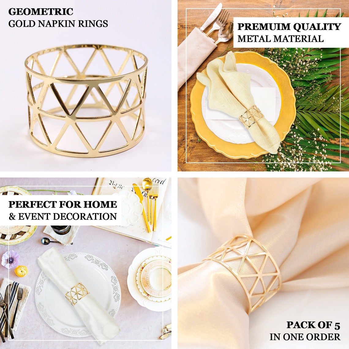 Efavormart | 5 Pack | Geometric Napkin Rings, Napkin Holders For Table Setting, Wedding Napkin Rings, Dining Decor - Metallic Gold